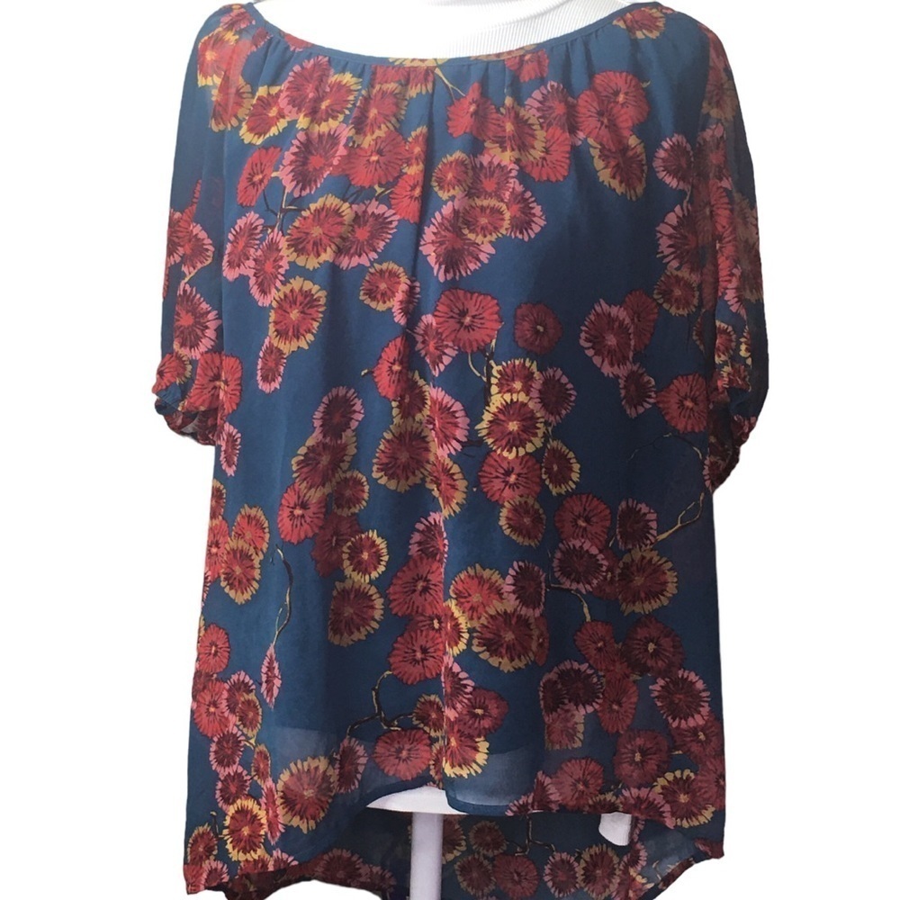 GF by geren ford floral printed blouse size Large hi low sheer short sleeve